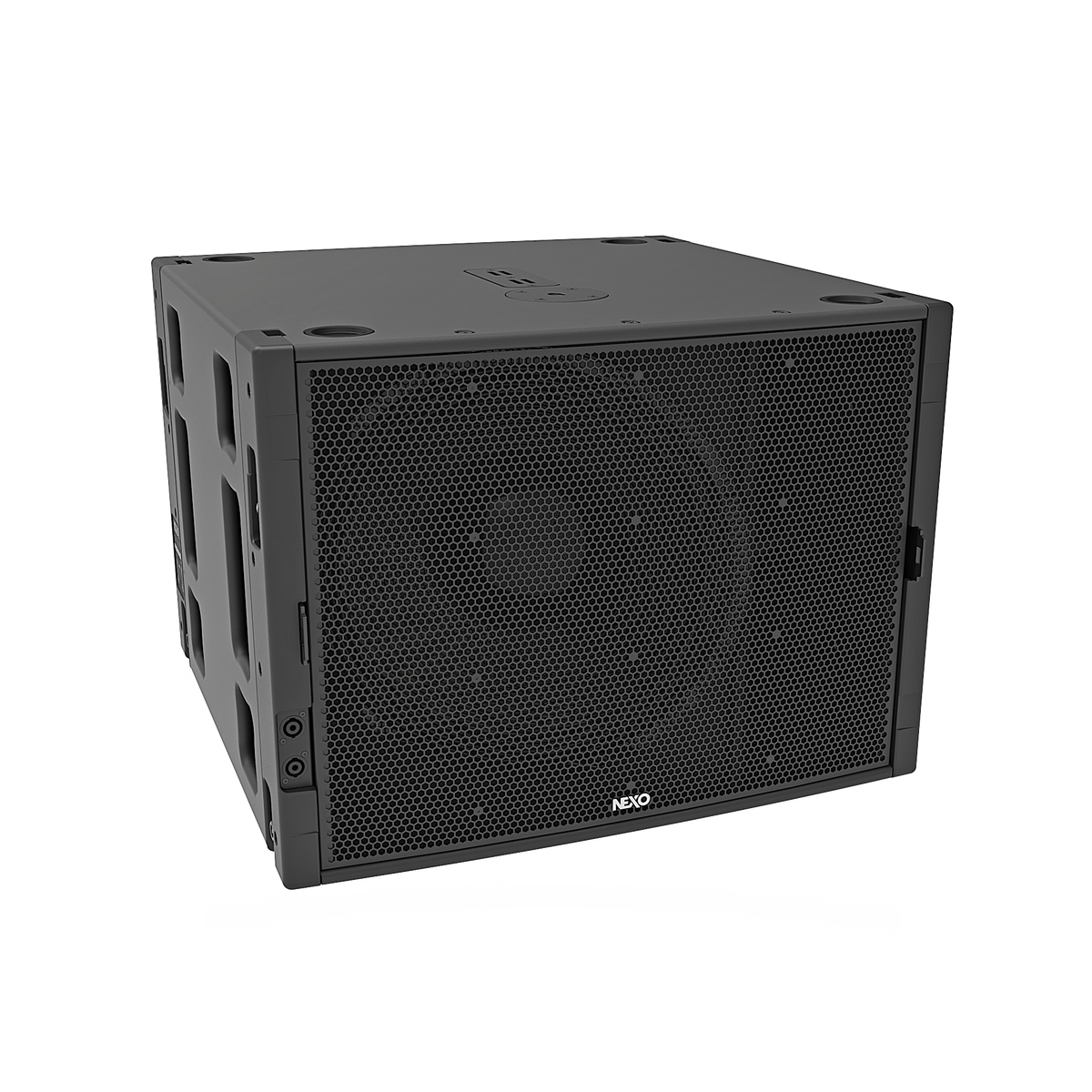 NEXO MSUB18 arrayable subwoofer, angled view on grey