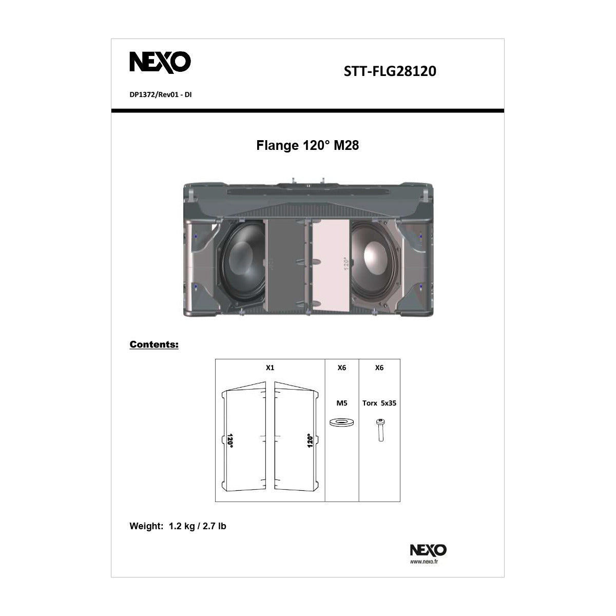 NEXO STT-FLG28120 120° flange for STM M28, information sheet with photo