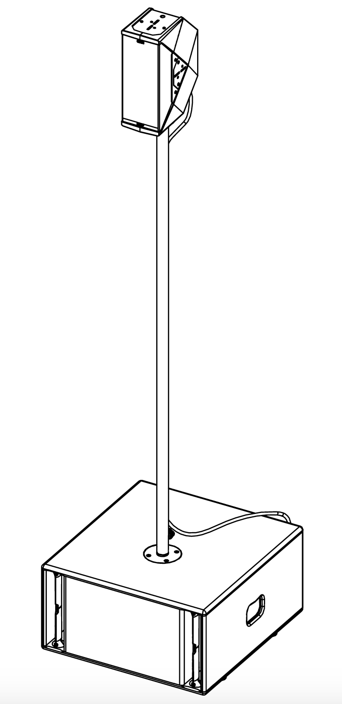 NEXO IDT-POLE32x1400 distance rod holding an ID24 above a subwoofer, line drawing