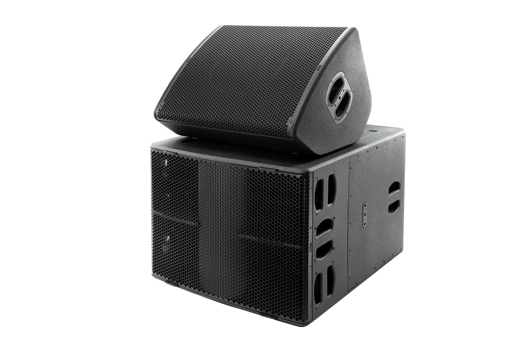 NEXO P18 as a floor monitor on top of an L20 subwoofer, angled view