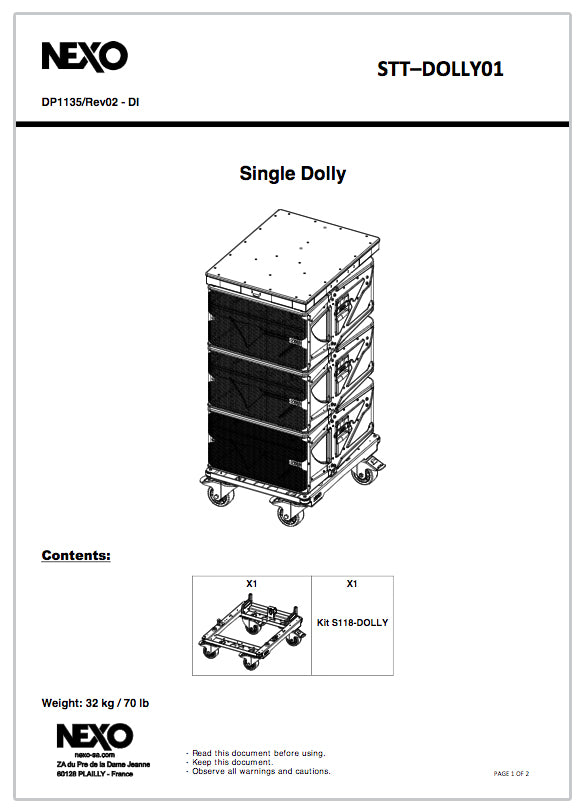 NEXO STT-DOLLY01 single dolly for STM modules, information sheet with drawing