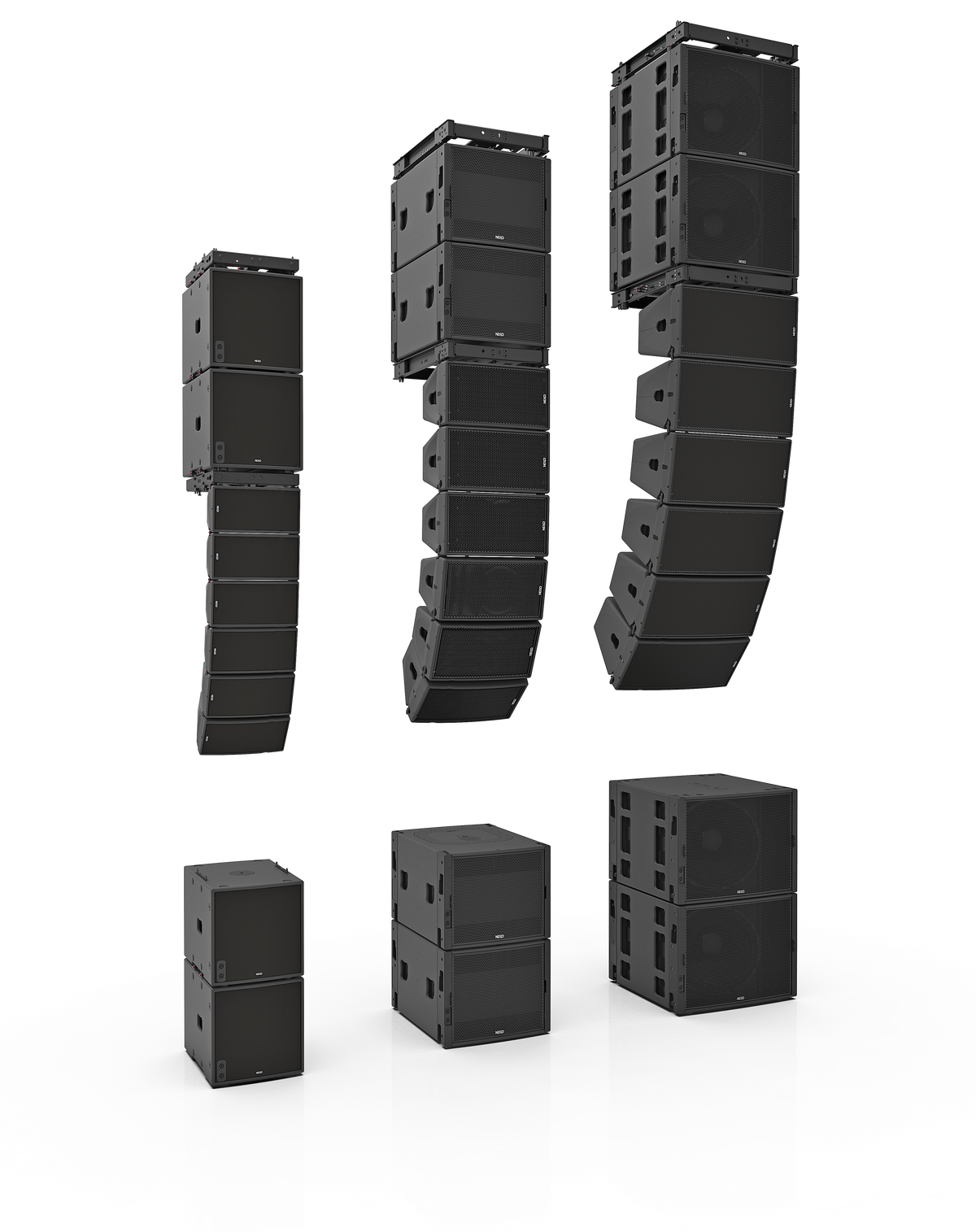 NEXO GEO M6, GEO M10 and GEO M12 line arrays with matching MSUB subwoofers