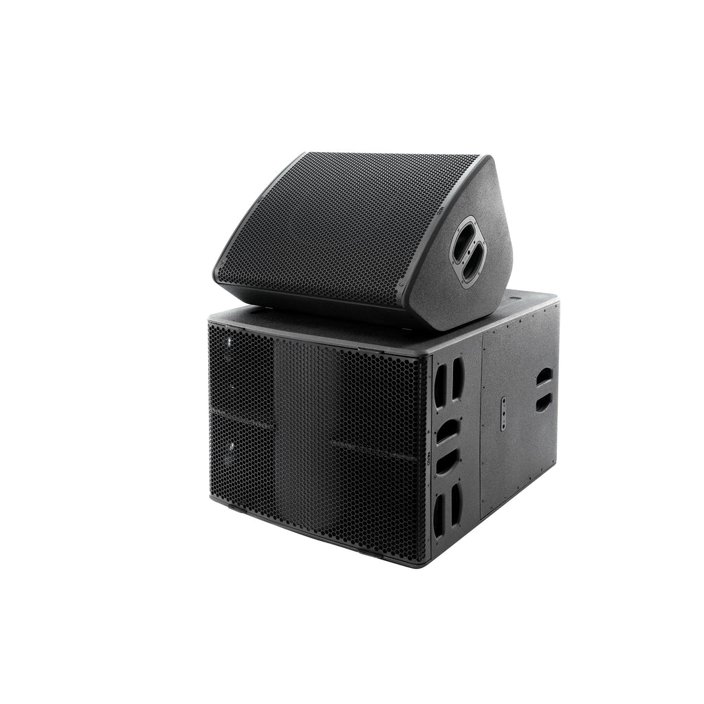 NEXO P18 as a floor monitor on top of an L20 subwoofer, angled view