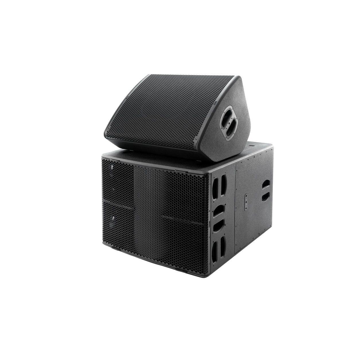 NEXO P18 as a floor monitor on top of an L20 subwoofer, angled view