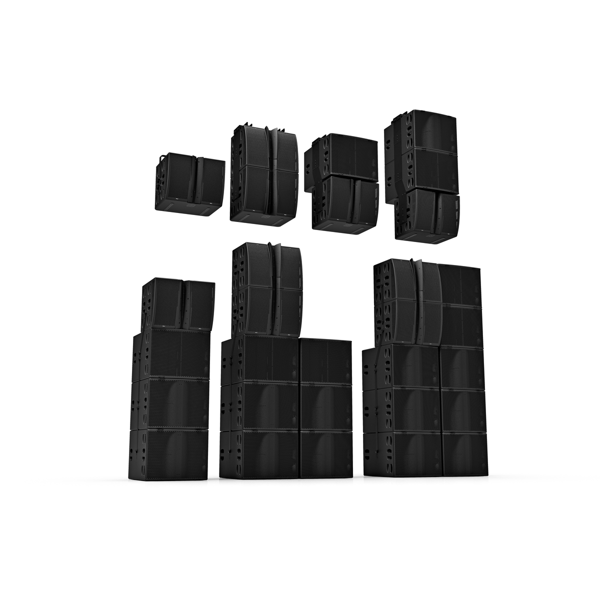 NEXO Alpha+ system family: M210 modules with B218 and L20 bass cabinets in several stack configurations