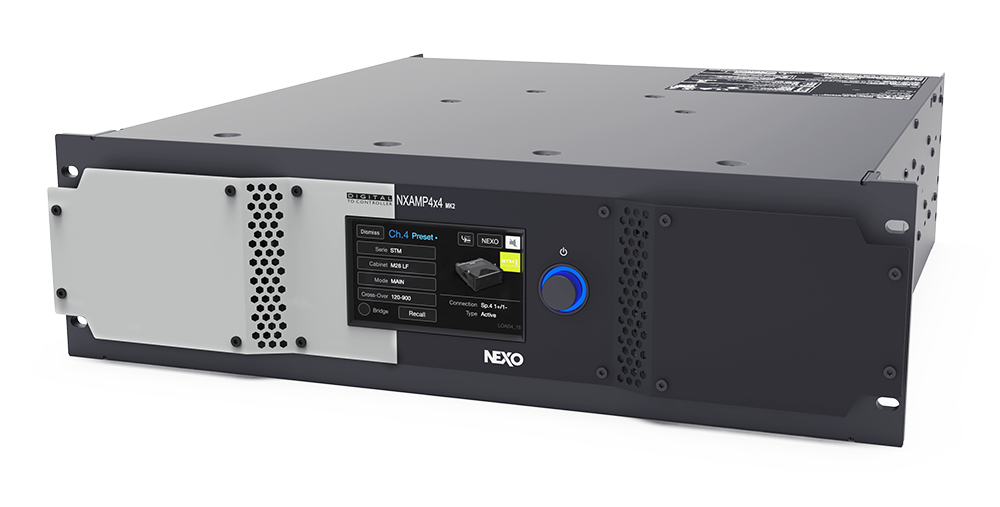 NEXO NXAMP4x4MK2 Powered TD Controller, angled front view with touchscreen
