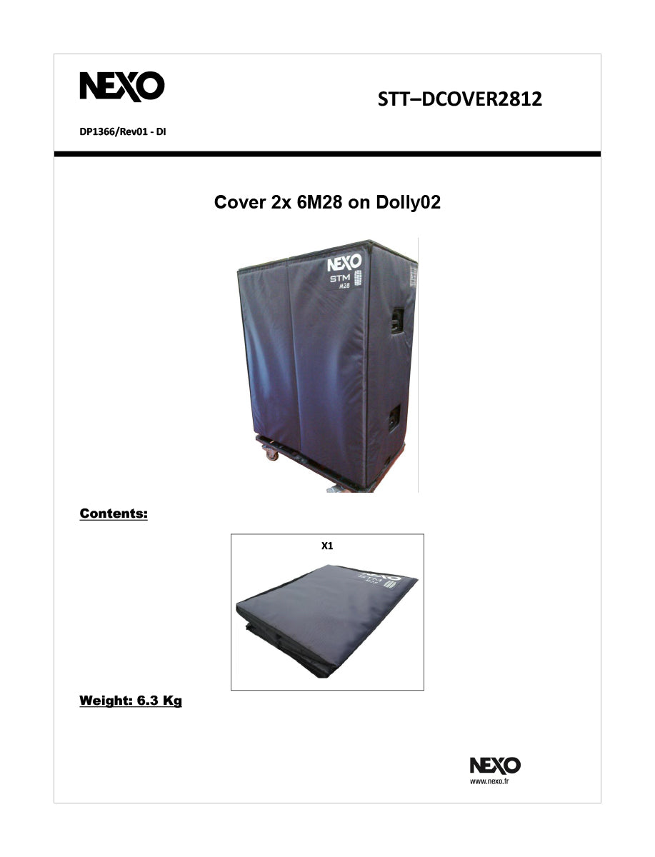 NEXO STT-DCOVER2812 cover for two M28 stacks on STT-DOLLY02, information sheet with photo