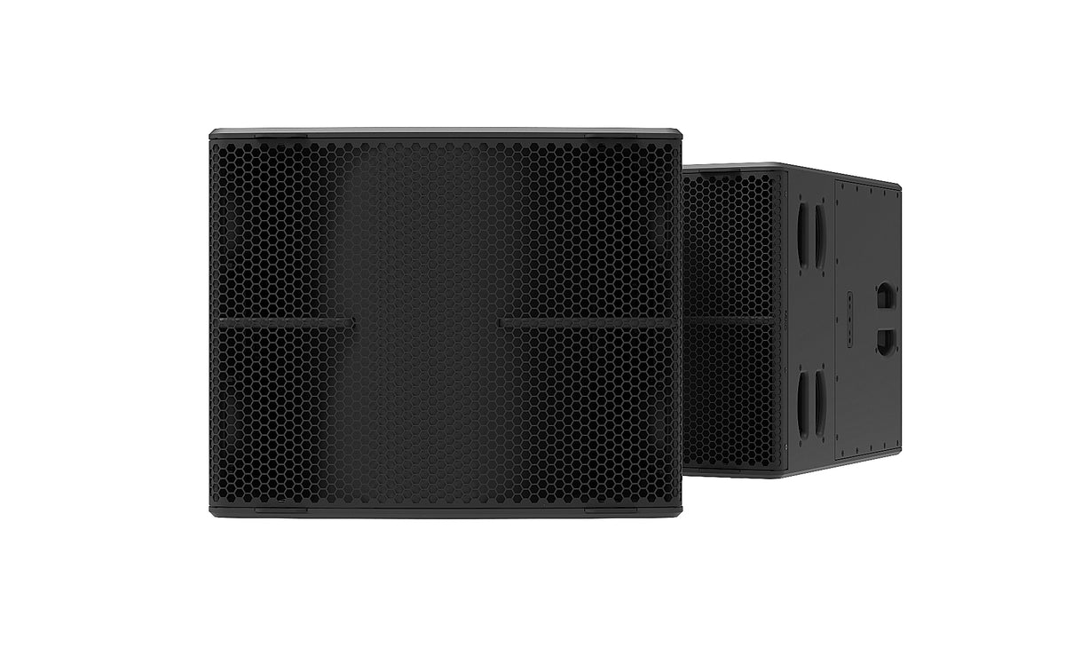 NEXO L18 compact horn-loaded subwoofer, close front and angled views