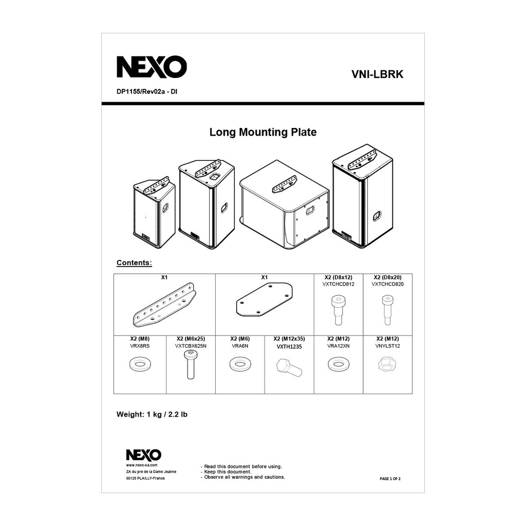 NEXO VNI-LBRK long mounting plate, information sheet with drawings