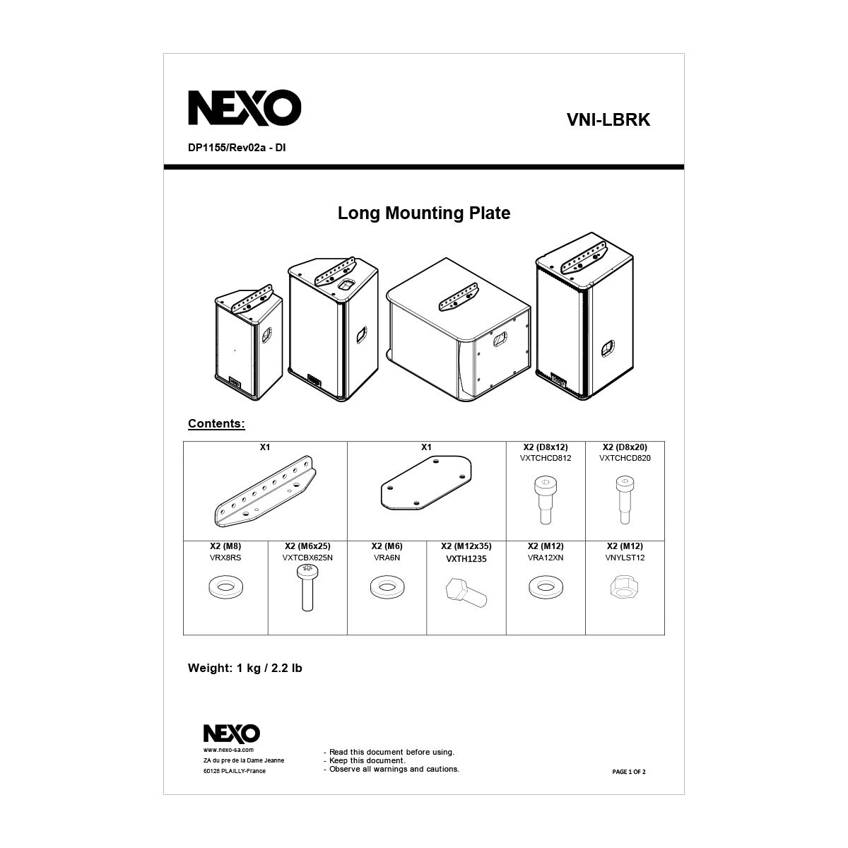 NEXO VNI-LBRK long mounting plate, information sheet with drawings