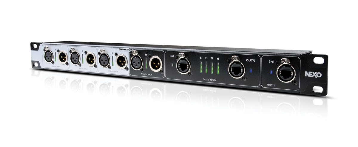 NEXO DMU Digital Meters Unit for NXAMP Powered TDcontrollers, 1U rack unit, angled front view