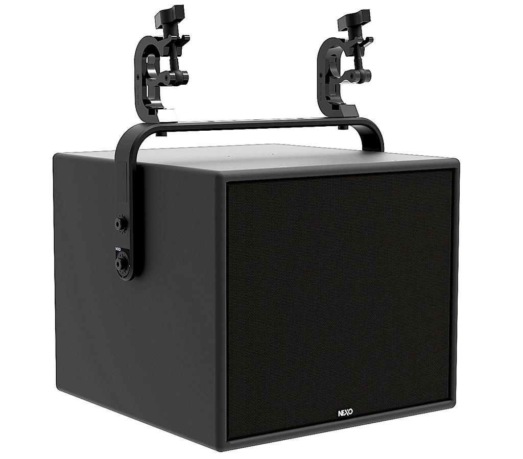 NEXO eLS400 installation subwoofer on a U-bracket with truss clamps, angled view