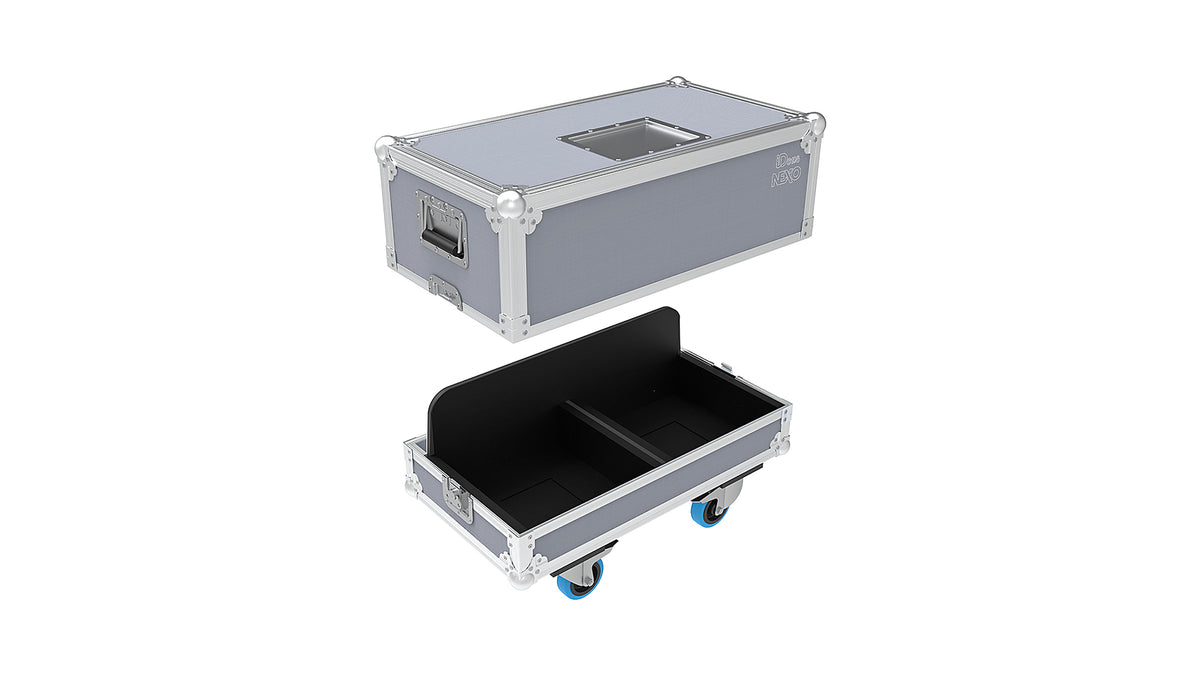 NEXO IDT-2CASE108 flight case for two IDS108 subwoofers, shown open and closed