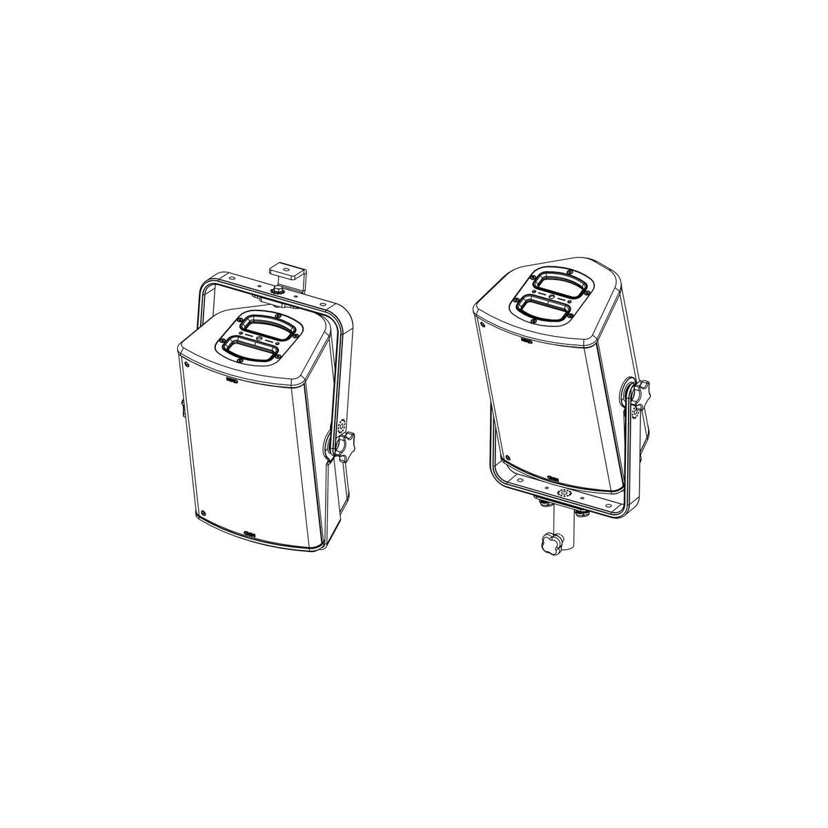 NEXO PNU-VBRK8 vertical bracket holding a P8, two views, line drawing