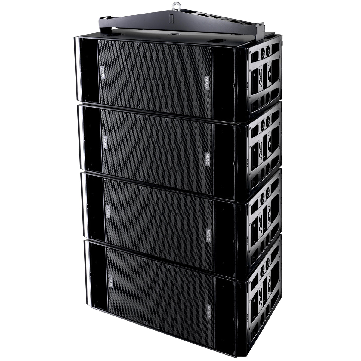 Four NEXO RS18 subwoofers flown in a column from a bumper