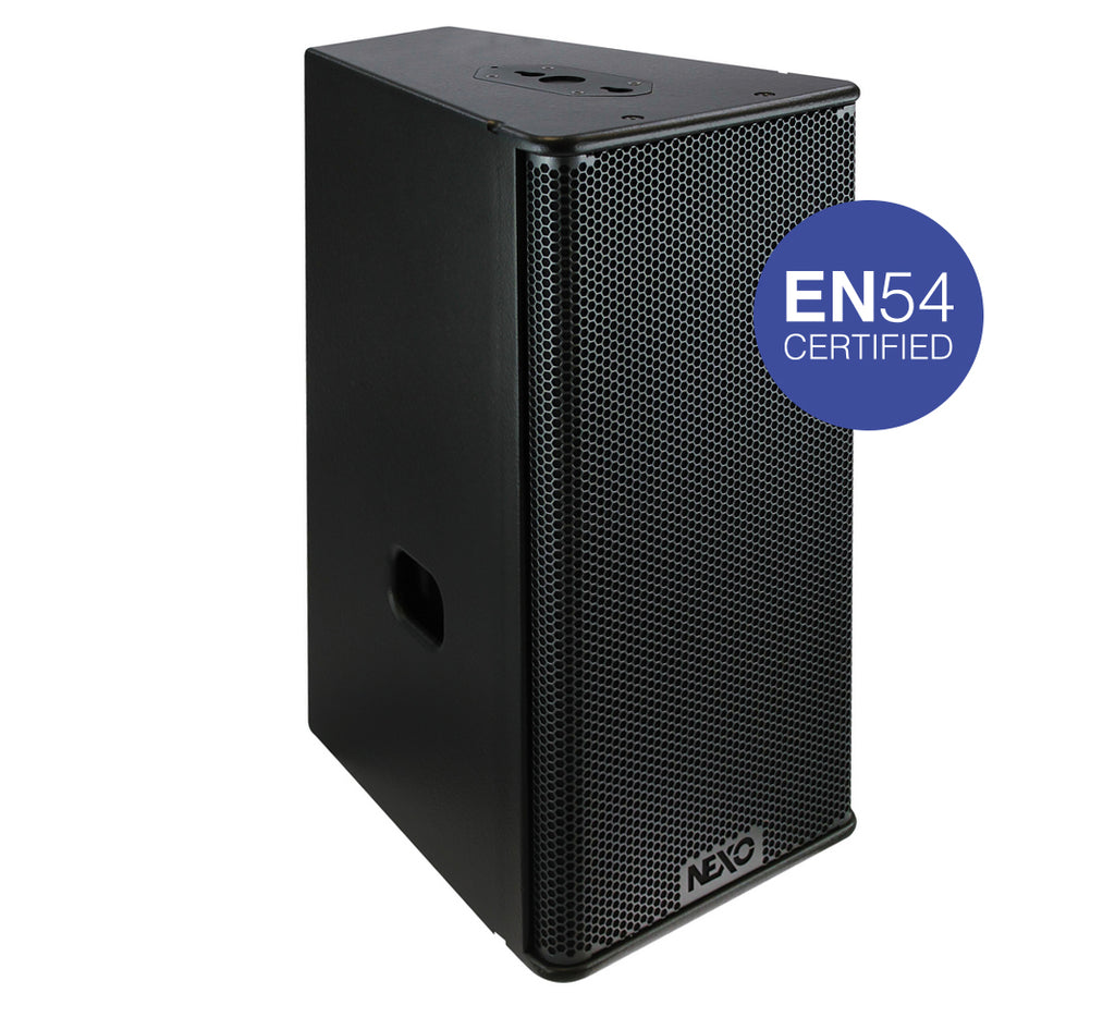NEXO GEO S1230-EN54 module, angled front view with EN54 certified badge