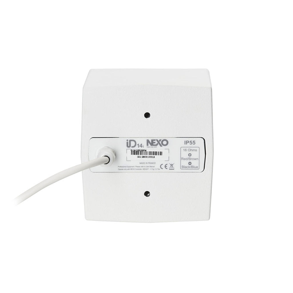 NEXO ID14 compact speaker in white, rear view with cable gland and IP55 label