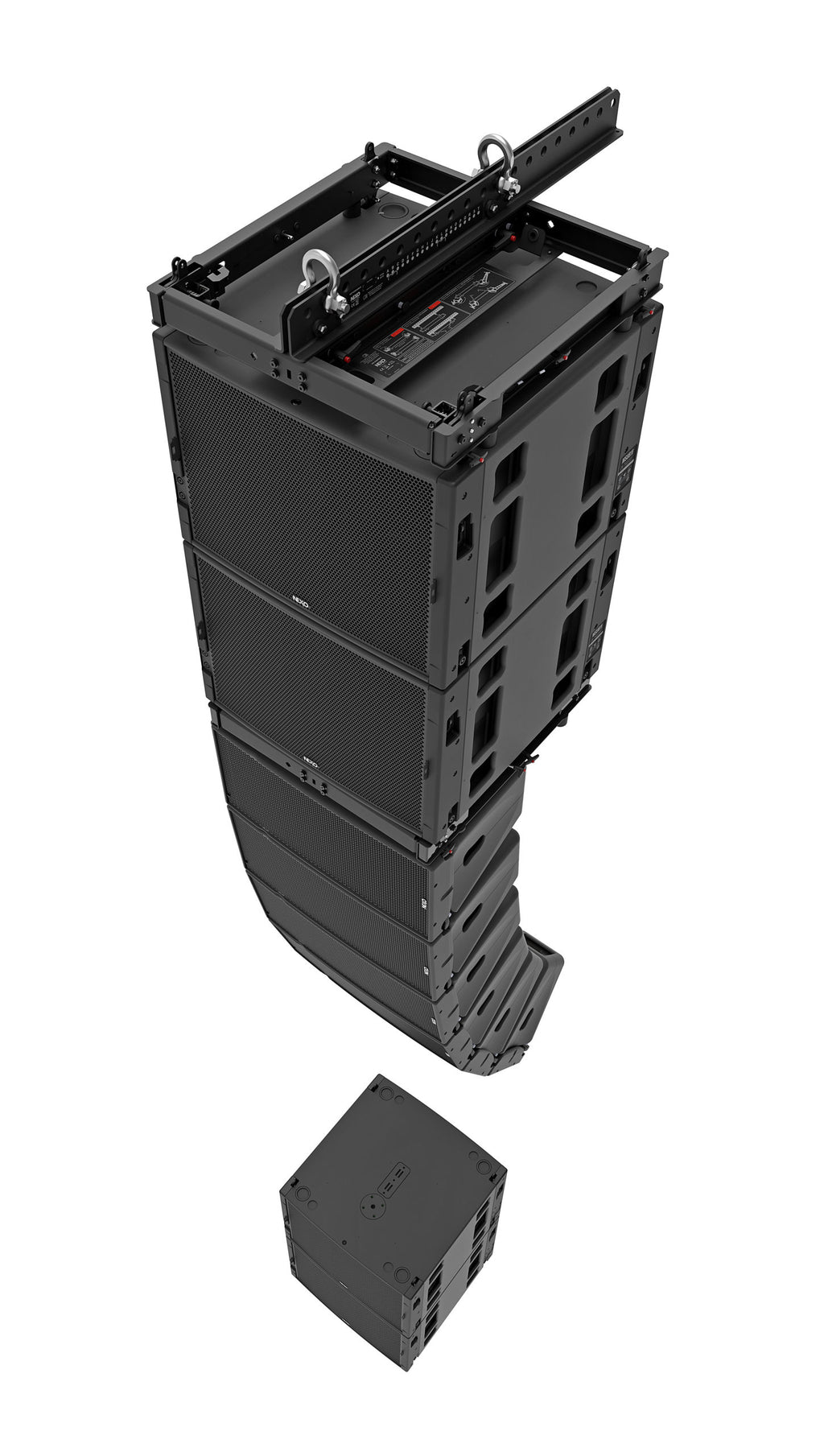 Flown NEXO GEO M12 line array with MSUB18 subwoofers above it and an MSUB18 on the floor