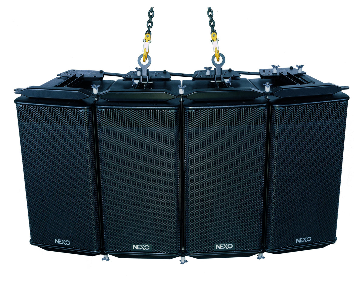 Four NEXO GEO S12 modules flown as a horizontal array from chain hoists