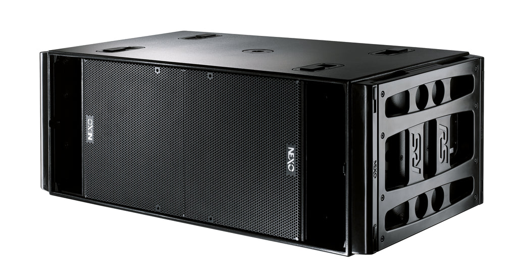 NEXO RS18 subwoofer in black, angled front view
