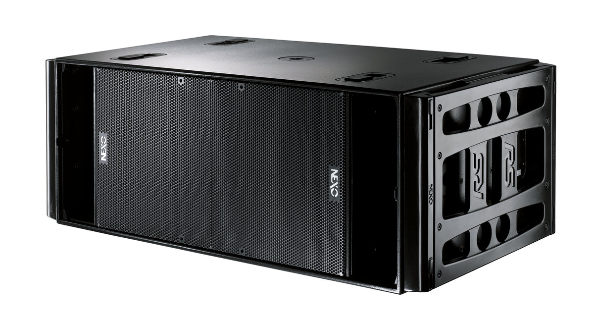 NEXO RS18 subwoofer in black, angled front view