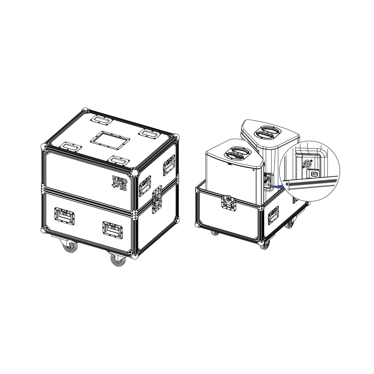 NEXO PNT-2CASE15 flight case for two P15 speakers, closed and with the lid lifted off, line drawing