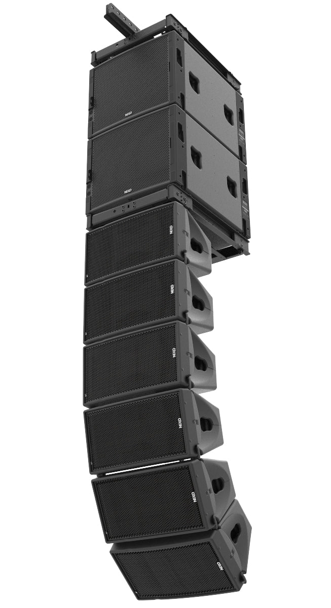Flown NEXO GEO M10 line array, side view of the curved array