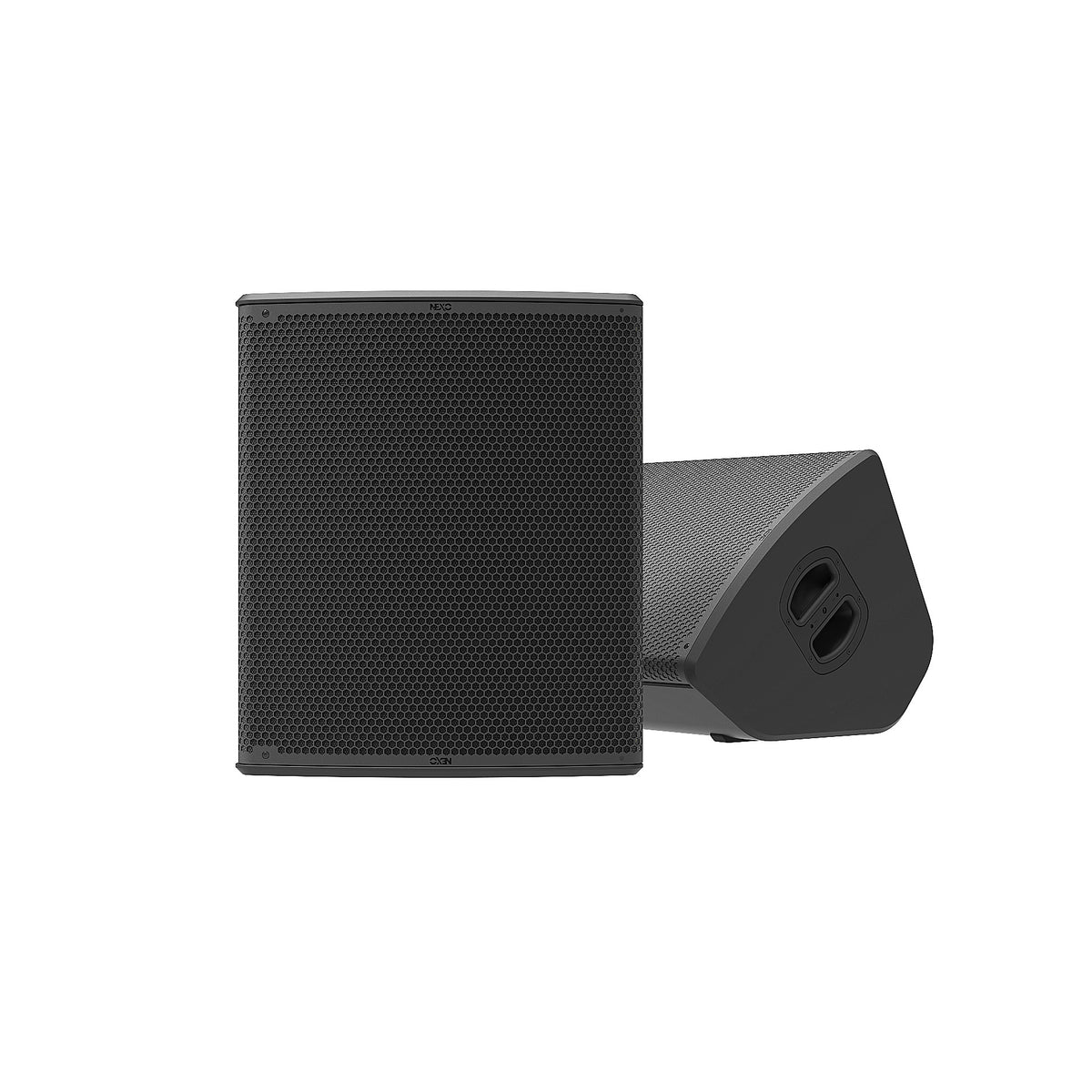 NEXO P18 point source speaker, close upright and floor monitor views
