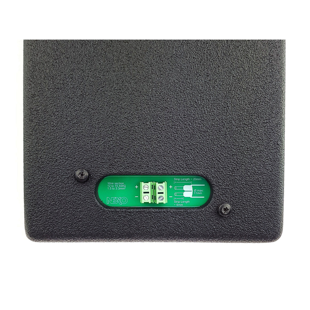 Close-up of the NEXO ePS/eLS rear connection plate with screw terminals, IP cover removed