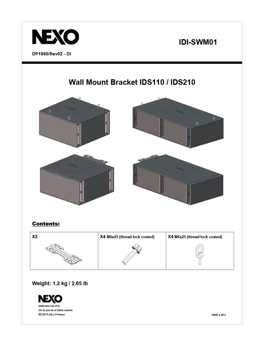 NEXO IDI-SWM01 wall mount bracket for IDS110 and IDS210, information sheet with drawings