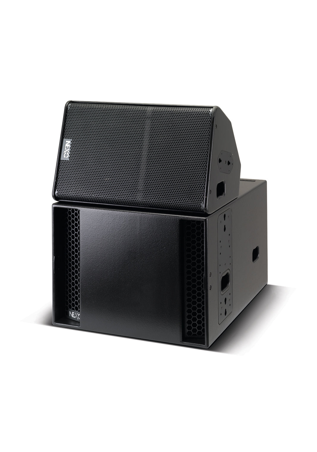 NEXO PS15 speaker on top of an LS18 subwoofer