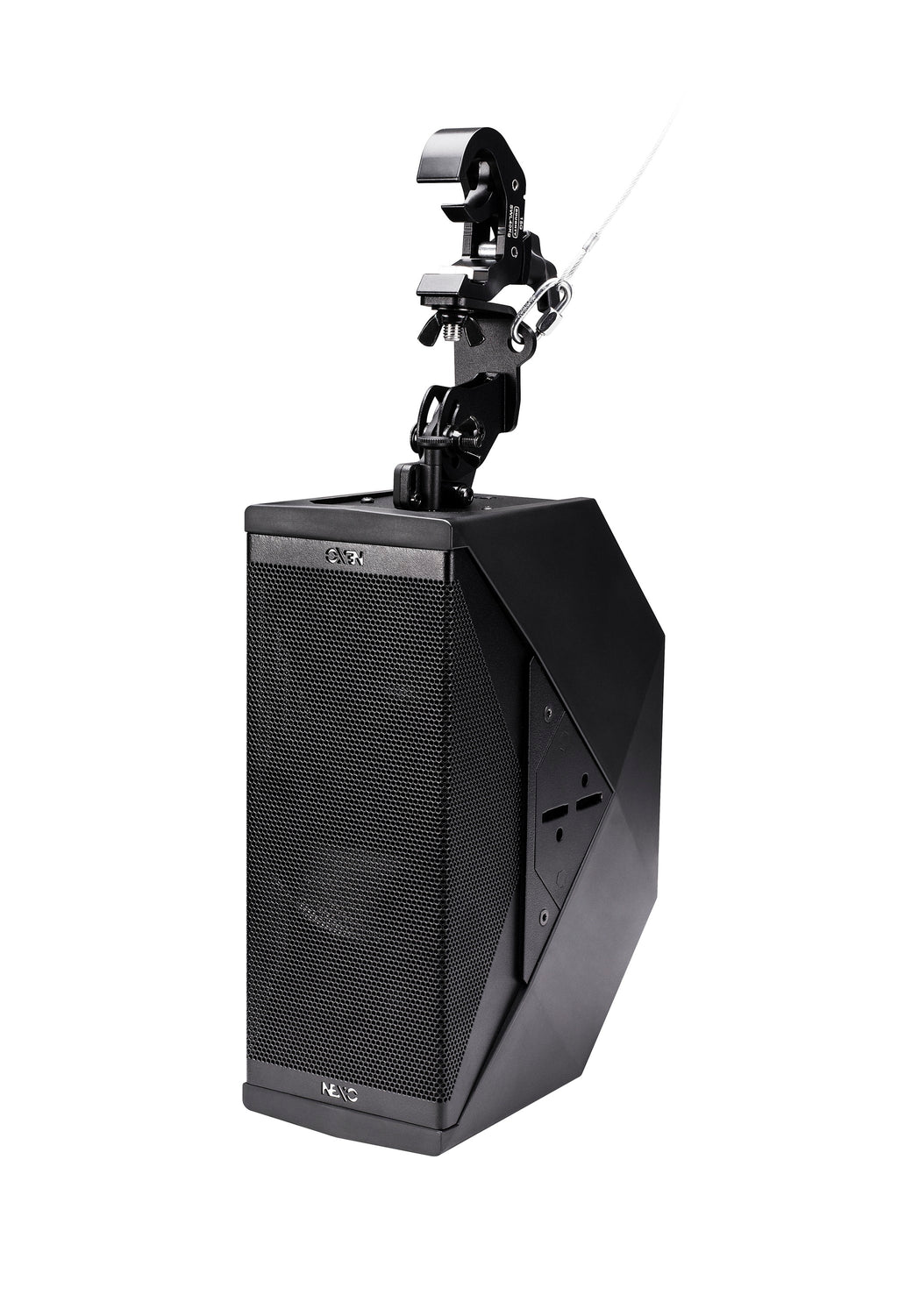 NEXO ID24 compact speaker, touring version, flown vertically from a clamp