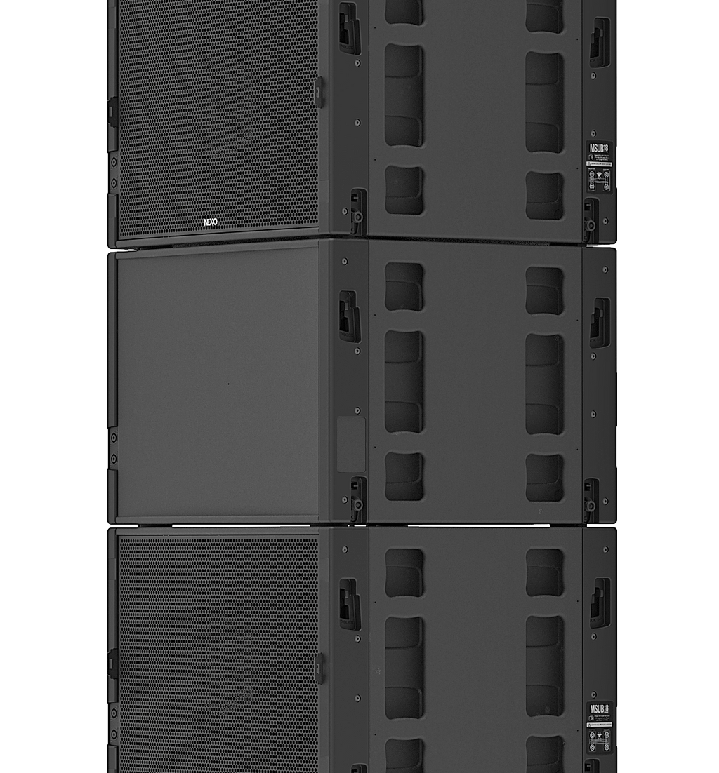 Three NEXO MSUB18 subwoofers stacked in a cardioid configuration