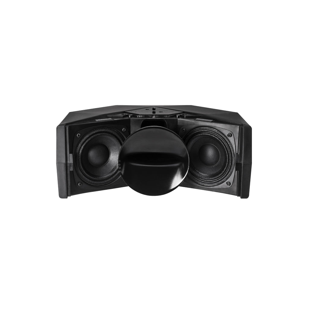 NEXO ID24 without grille, showing the two woofers and the rotatable horn set horizontally