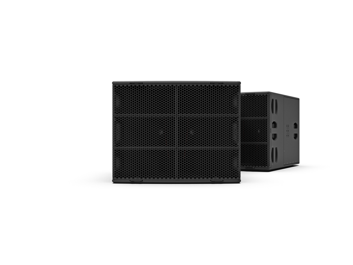 NEXO Alpha+ B218 horn-loaded bass cabinet, front and angled views