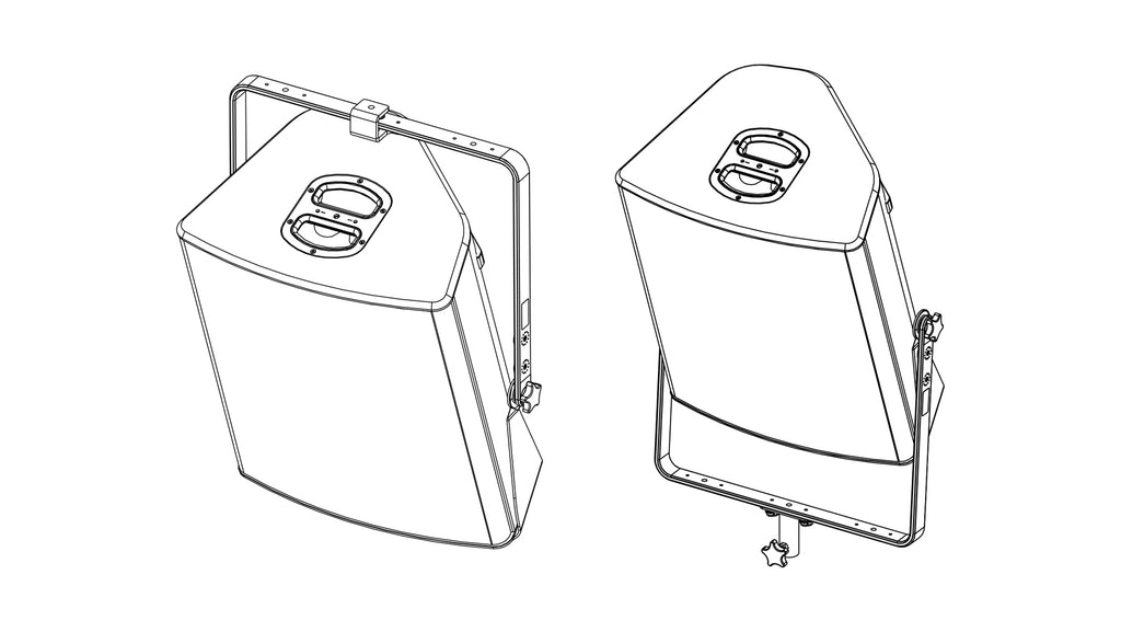 NEXO PNU-VBRK18 vertical bracket holding a P18, two views, line drawing