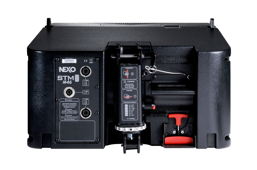 NEXO STM M46 Main Module, rear view with connector panel and rigging