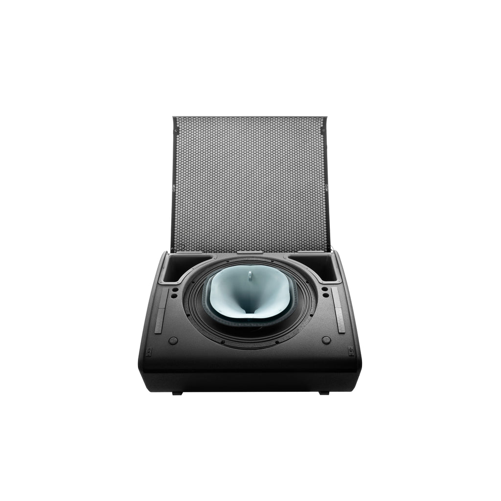 NEXO P18 with the front grille opened, showing the coaxial driver and horn
