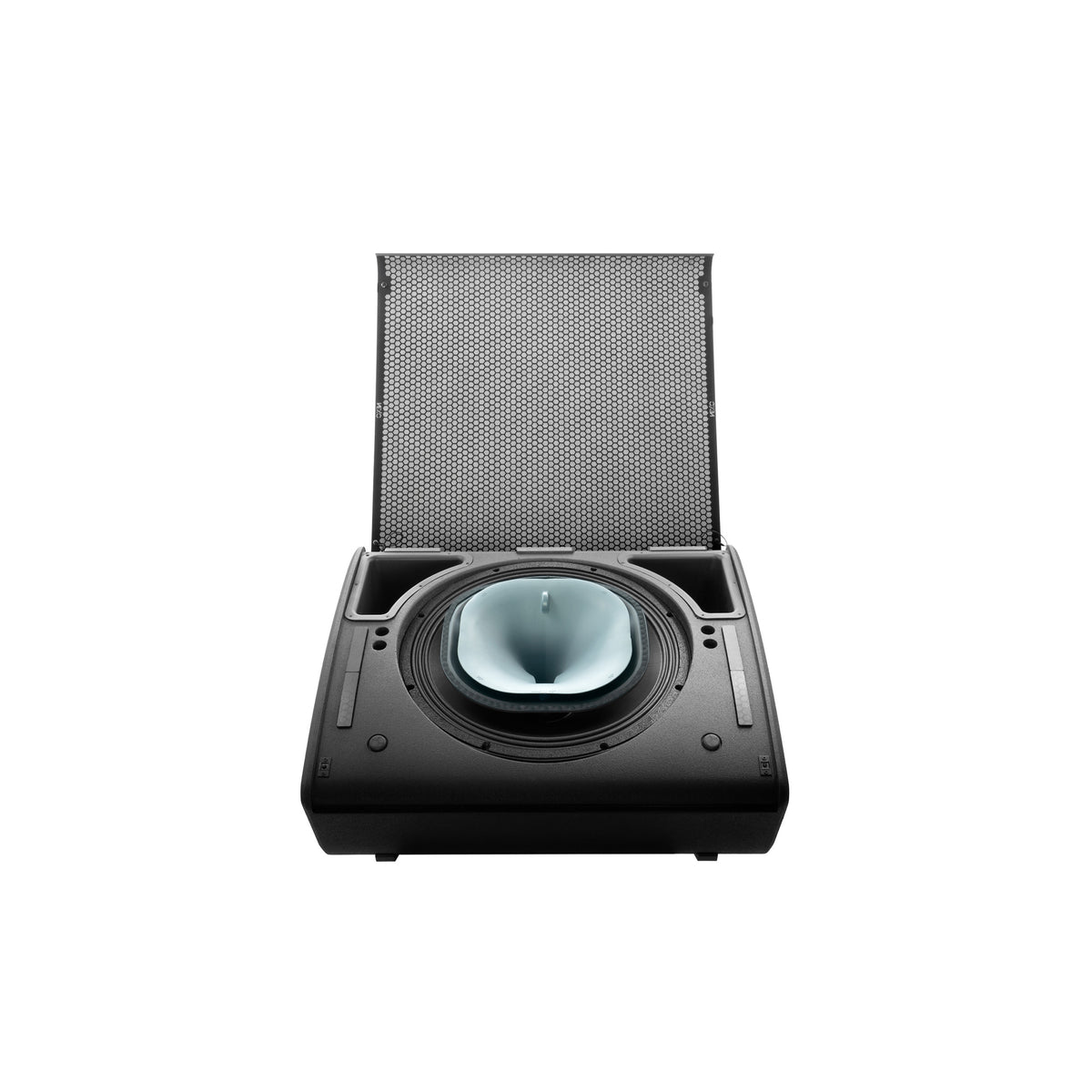 NEXO P18 with the front grille opened, showing the coaxial driver and horn