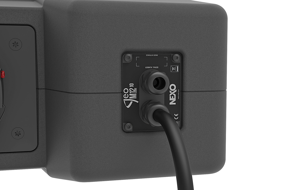 Close-up of the NEXO GEO M12 installation connector plate with cable gland