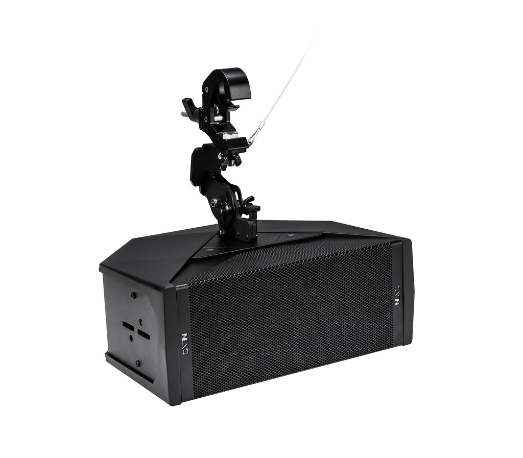 NEXO ID24 compact speaker, touring version, hung horizontally from a clamp for under-balcony use