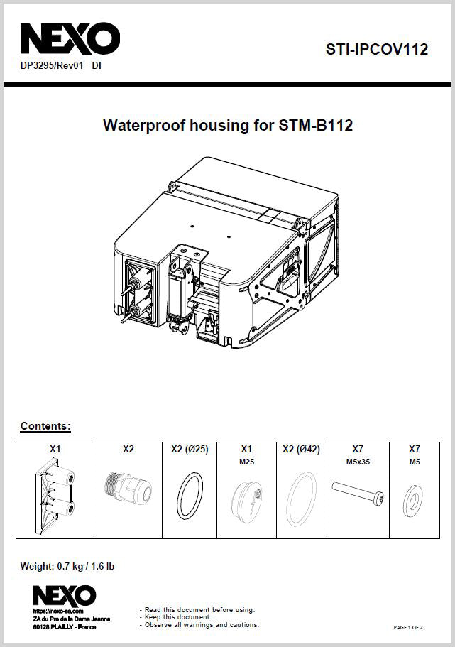 NEXO STI-IPCOV112 waterproof housing for STM B112, information sheet with drawing