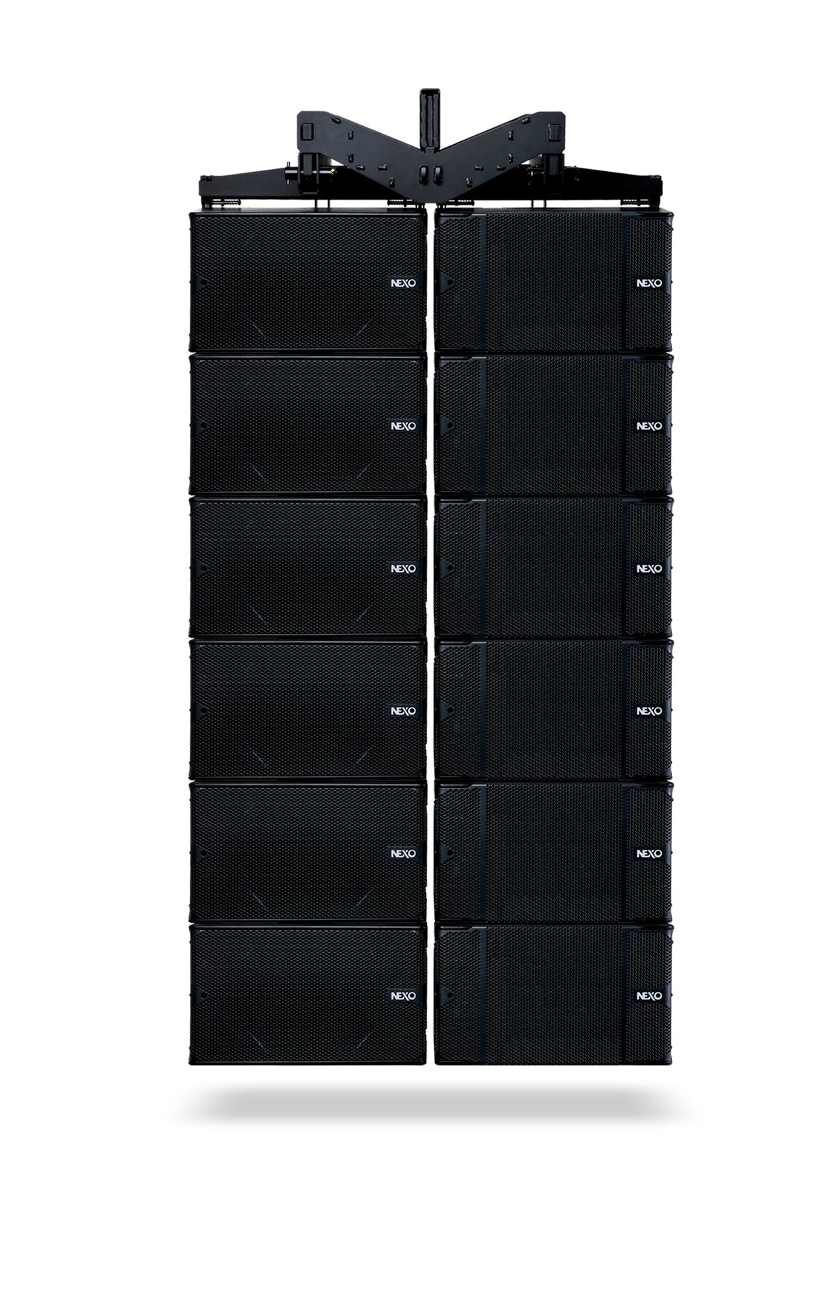 Two flown NEXO STM array columns side by side