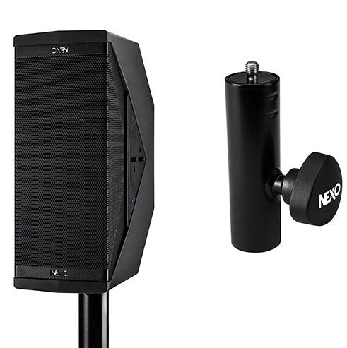 NEXO VNT-TVP bolt adapter (M10 to 35 mm), shown alone and with an ID24 on a pole