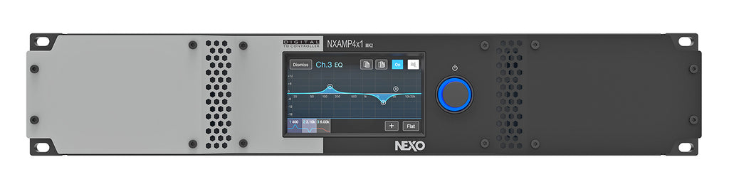 NEXO NXAMP4x1MK2 Powered TD Controller, 2U rack unit, front view with touchscreen