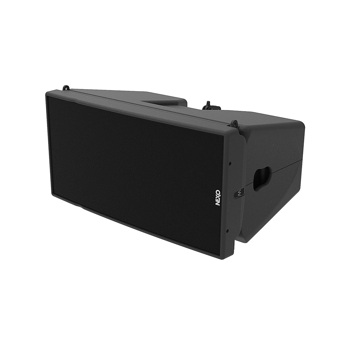 NEXO GEO M12 line array module, installation version in black, angled front view
