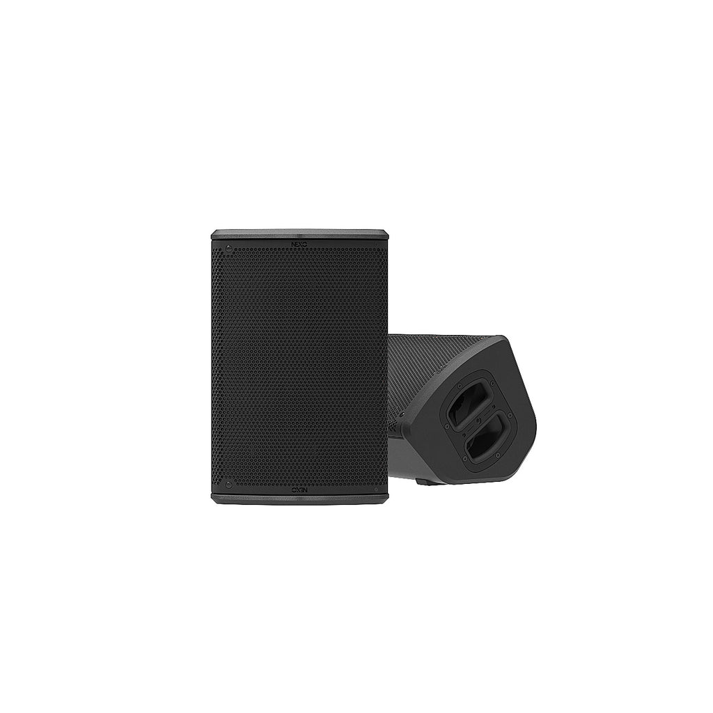 NEXO P8 point source speaker, close upright and floor monitor views