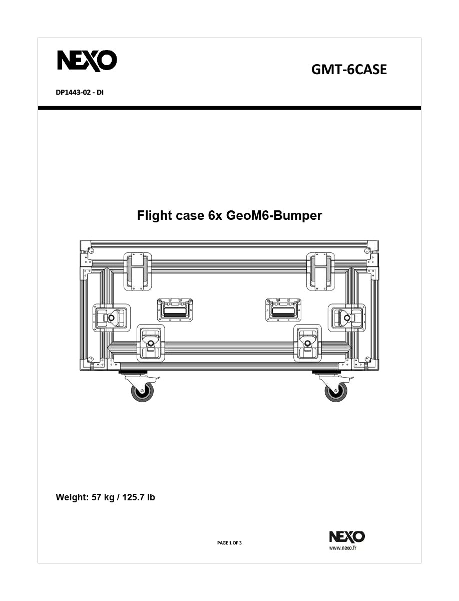 NEXO GMT-6CASE flight case for six GEO M6 modules with bumper, information sheet with line drawing