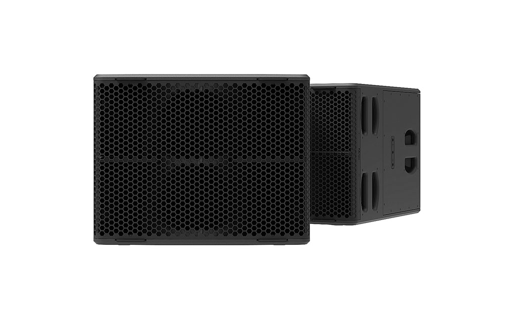 NEXO L15 compact horn-loaded subwoofer, close front and angled views