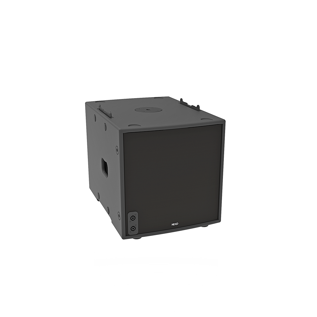 NEXO MSUB12 arrayable subwoofer, angled view on grey